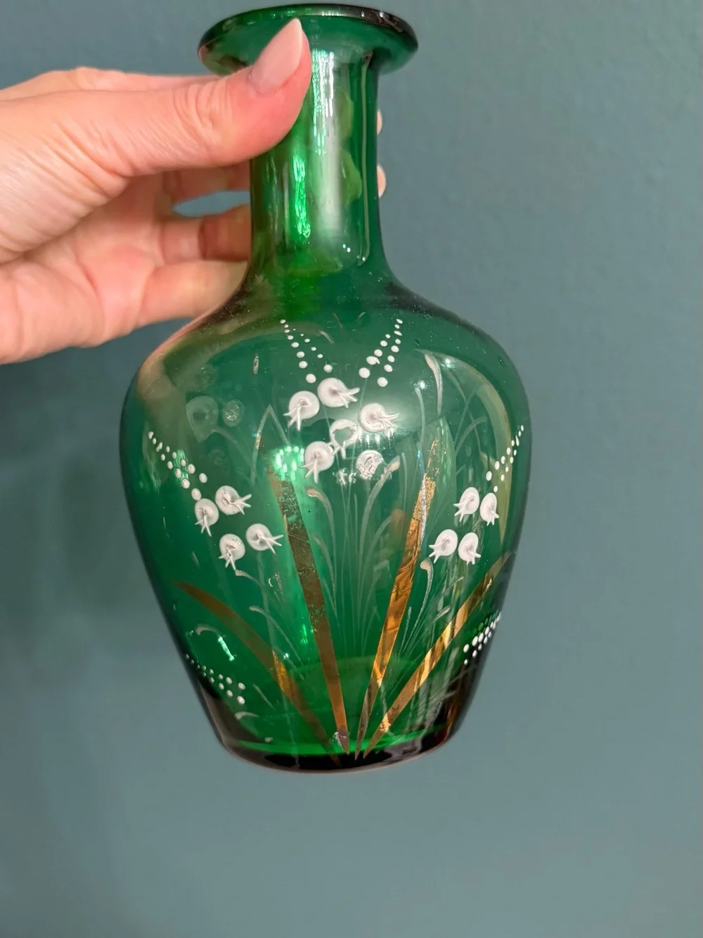Vintage Bohemian Czech Emerald Green Glass Vase Hand Painted Enamel & Gold 7”